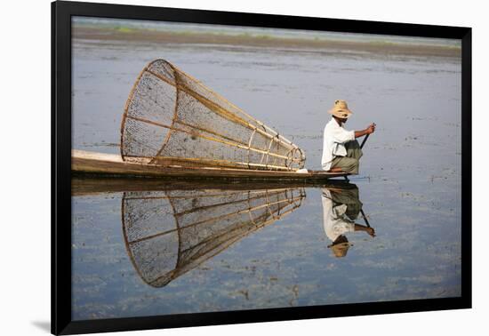 A basket fisherman on Inle Lake scans the still and shallow water for signs of life, Shan State, My-Alex Treadway-Framed Photographic Print