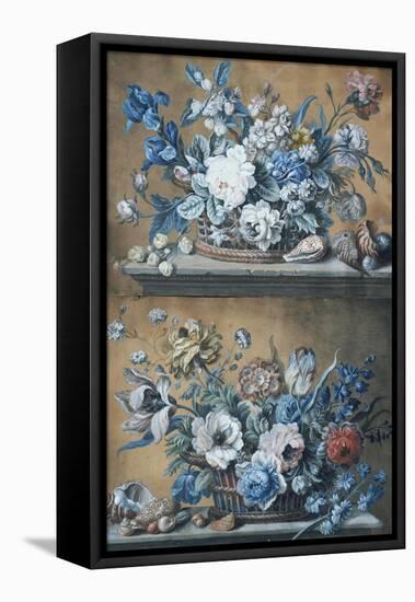 A Basket of Dahlias, Delphiniums, Peony, Primula, Tulips and Other Flowers on a Table-Peter Mazell-Framed Stretched Canvas