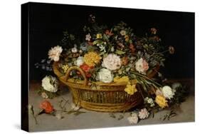A Basket of Flowers, C.1625 (Oil on Wood)-Jan the Younger Brueghel-Stretched Canvas