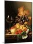 A Basket of Grapes, Raspberries, a Peach and a Wine Glass on a Table-Edward Ladell-Mounted Giclee Print