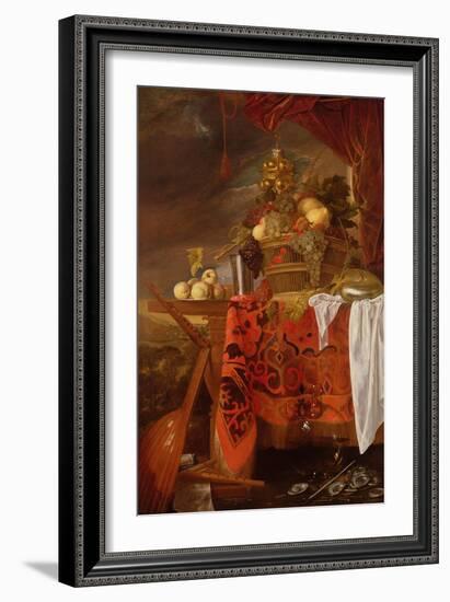 A Basket of Mixed Fruit with Gilt Cup, Silver Chalice, Nautilus, Glass and Peaches on a Plate-Jan Davidsz de Heem-Framed Giclee Print