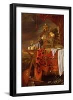 A Basket of Mixed Fruit with Gilt Cup, Silver Chalice, Nautilus, Glass and Peaches on a Plate-Jan Davidsz de Heem-Framed Premium Giclee Print