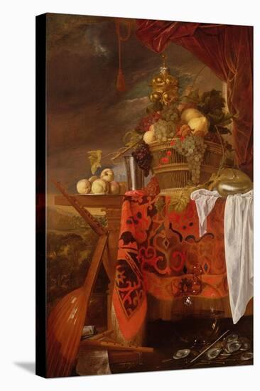 A Basket of Mixed Fruit with Gilt Cup, Silver Chalice, Nautilus, Glass and Peaches on a Plate-Jan Davidsz de Heem-Stretched Canvas