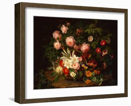 A Basket of Roses, Lilies and Pansies by a Rose Bush, 1885-Johan Laurents Jensen-Framed Giclee Print