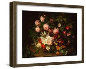 A Basket of Roses, Lilies and Pansies by a Rose Bush, 1885-Johan Laurents Jensen-Framed Giclee Print