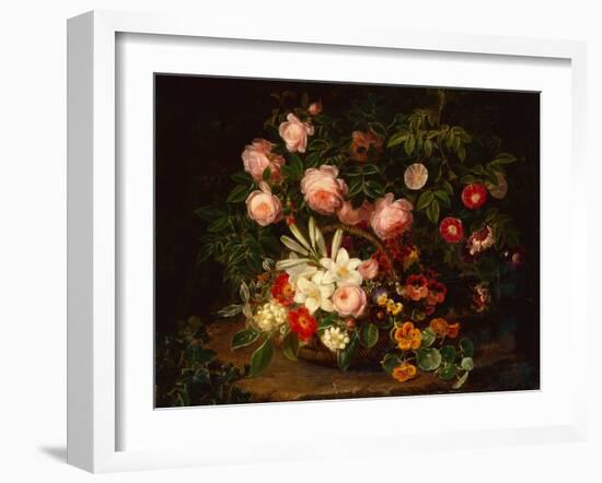 A Basket of Roses, Lilies and Pansies by a Rose Bush, 1885-Johan Laurents Jensen-Framed Giclee Print