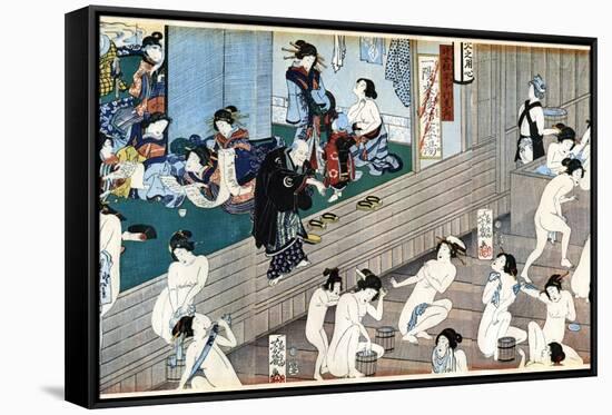 A Bath House Scene, Japan-Yoshiiku-Framed Stretched Canvas