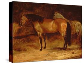 A Bay Horse at a Manger, with a Grey Horse in a Rug-Theodore Gericault-Stretched Canvas