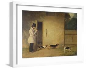 A Beagler Standing at the Door of the Kennels Calling Out the Beagles-William J. Pringle-Framed Giclee Print