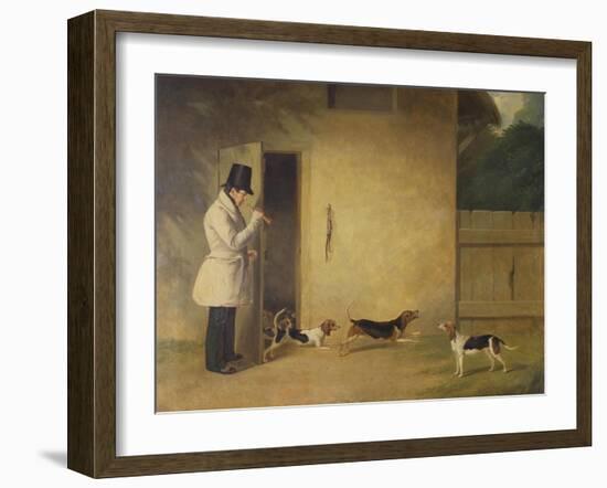 A Beagler Standing at the Door of the Kennels Calling Out the Beagles-William J. Pringle-Framed Giclee Print