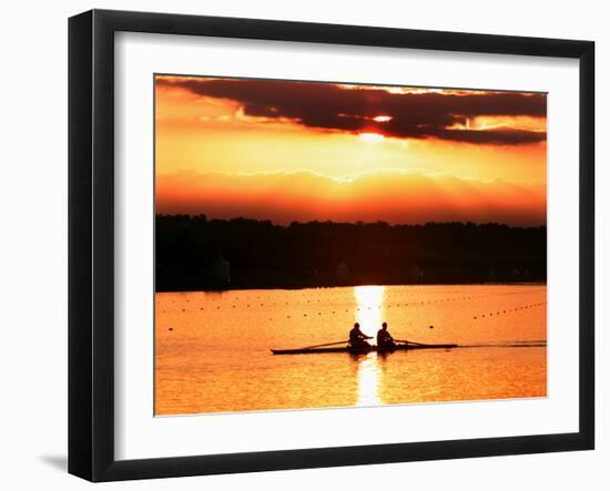 A Beautiful Sunrise Over the Sydney International Regatta Center Sillouhettes a Boat-null-Framed Photographic Print