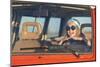 A Beautiful Teenage Girl in Sunglasses and a Blue T-Shirt Sits behind the Wheel and Enjoys the Jour-Akimicheva Olga-Mounted Photographic Print