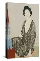 A Beauty in a Black Kimono with White Hanabishi Patterns Seated Before a Mirror-Hashiguchi Goyo-Stretched Canvas