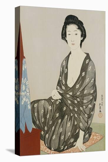 A Beauty in a Black Kimono with White Hanabishi Patterns Seated Before a Mirror-Hashiguchi Goyo-Stretched Canvas