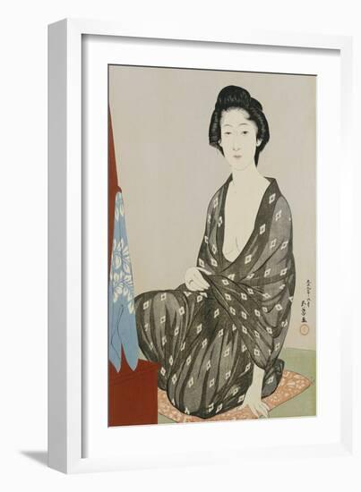 A Beauty in a Black Kimono with White Hanabishi Patterns Seated Before a Mirror-Hashiguchi Goyo-Framed Giclee Print