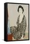 A Beauty in a Black Kimono with White Hanabishi Patterns Seated Before a Mirror-Hashiguchi Goyo-Framed Stretched Canvas