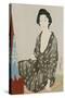 A Beauty in a Black Kimono with White Hanabishi Patterns Seated Before a Mirror-Hashiguchi Goyo-Stretched Canvas