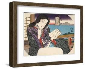 A Beauty Reading a Book Whilst Seated on a Balcony, from "Mitate Sugawara-Jima"-Utagawa Kunisada-Framed Giclee Print