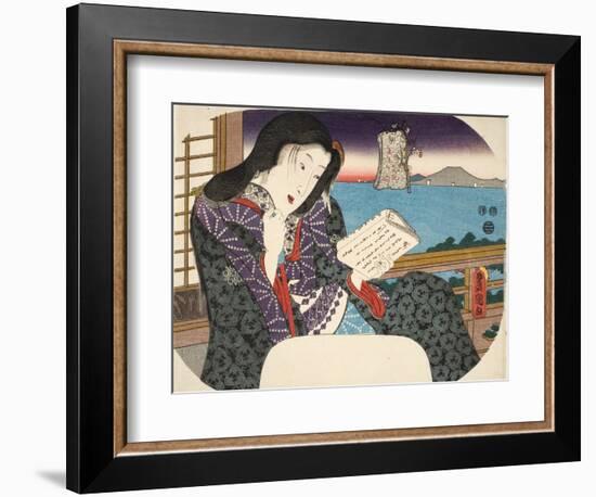 A Beauty Reading a Book Whilst Seated on a Balcony, from "Mitate Sugawara-Jima"-Utagawa Kunisada-Framed Giclee Print