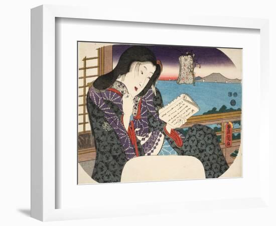 A Beauty Reading a Book Whilst Seated on a Balcony, from "Mitate Sugawara-Jima"-Utagawa Kunisada-Framed Giclee Print