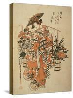 A Beauty Wearing Festival Garb with Two Buckets of Flowers Suspended from a Yoke-Okumura Masanobu-Stretched Canvas