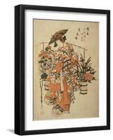 A Beauty Wearing Festival Garb with Two Buckets of Flowers Suspended from a Yoke-Okumura Masanobu-Framed Giclee Print