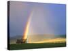 A Beaverslide Haystacker with Full Rainbow in the Big Hole Valley, Jackson, Montana, USA-Chuck Haney-Stretched Canvas