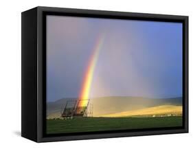 A Beaverslide Haystacker with Full Rainbow in the Big Hole Valley, Jackson, Montana, USA-Chuck Haney-Framed Stretched Canvas