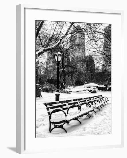 A Bench and Lamppost Snow in Central Park-Philippe Hugonnard-Framed Photographic Print