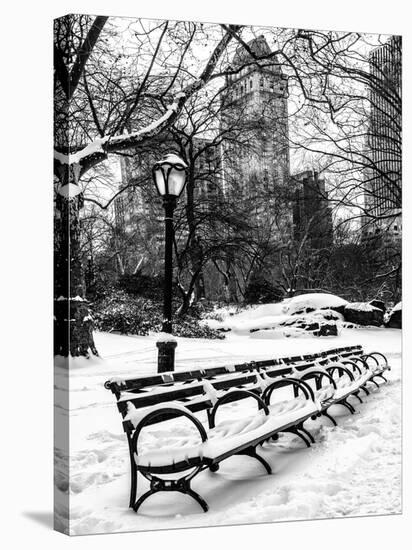 A Bench and Lamppost Snow in Central Park-Philippe Hugonnard-Stretched Canvas