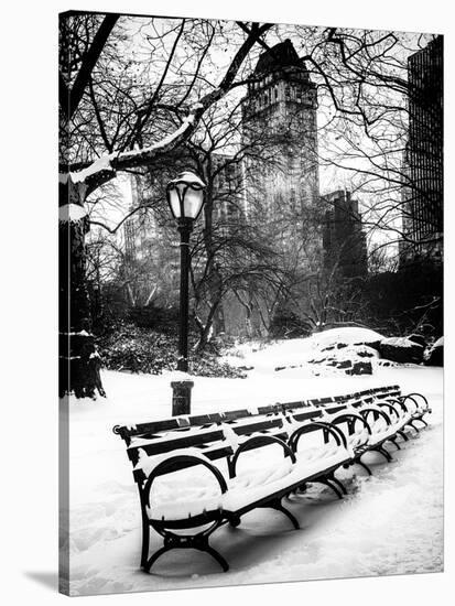 A Bench and Lamppost Snow in Central Park-Philippe Hugonnard-Stretched Canvas