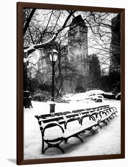 A Bench and Lamppost Snow in Central Park-Philippe Hugonnard-Framed Art Print