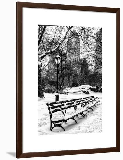 A Bench and Lamppost Snow in Central Park-Philippe Hugonnard-Framed Art Print