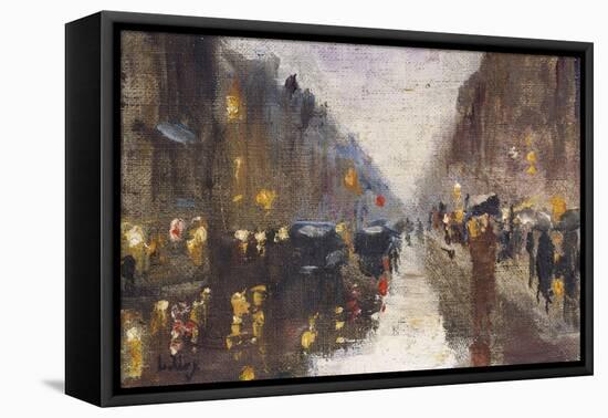 A Berlin Street in the Rain with Traffic; Berliner Strasse Beim Regen Mit Kutschen-Lesser Ury-Framed Stretched Canvas
