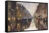 A Berlin Street in the Rain with Traffic; Berliner Strasse Beim Regen Mit Kutschen-Lesser Ury-Framed Stretched Canvas