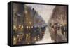 A Berlin Street in the Rain with Traffic; Berliner Strasse Beim Regen Mit Kutschen-Lesser Ury-Framed Stretched Canvas