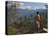 A Bhutanese Man in National Costume Views an Eastern Himalayan Mountain Range from the 11,000-Foot--Nigel Pavitt-Stretched Canvas