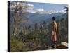 A Bhutanese Man in National Costume Views an Eastern Himalayan Mountain Range from the 11,000-Foot--Nigel Pavitt-Stretched Canvas