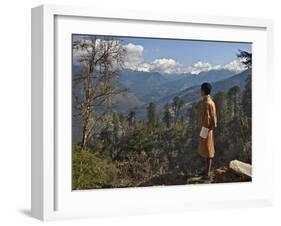 A Bhutanese Man in National Costume Views an Eastern Himalayan Mountain Range from the 11,000-Foot--Nigel Pavitt-Framed Photographic Print