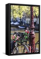 A Bicycle Decorated with Flowers by a Canal, Amsterdam, Netherlands, Europe-Amanda Hall-Framed Stretched Canvas
