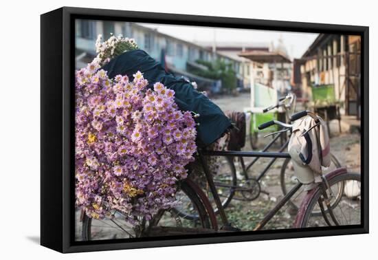 A bike loaded with fresh flowers at the flower market in Mandalay, Myanmar (Burma), Asia-Alex Treadway-Framed Stretched Canvas