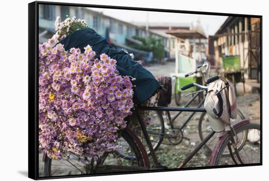 A bike loaded with fresh flowers at the flower market in Mandalay, Myanmar (Burma), Asia-Alex Treadway-Framed Stretched Canvas