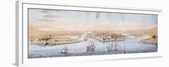 A Bird's Eye View of Valetta from the Sea, with Men-o-War entering the Harbour-null-Framed Premium Giclee Print
