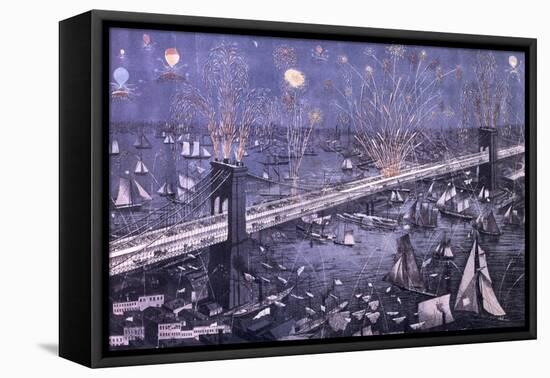 A Birds-Eye View of the Great New York and Brooklyn Bridge and Grand Display of Fire Works on…-null-Framed Stretched Canvas