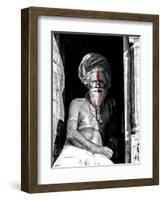 A black and white picture of a sadhu (yogi) at Pashupatinath Temple in Kathmandu, Nepal-David Chang-Framed Photographic Print