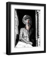 A black and white picture of a sadhu (yogi) at Pashupatinath Temple in Kathmandu, Nepal-David Chang-Framed Premium Photographic Print