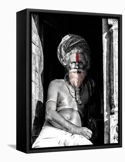 A black and white picture of a sadhu (yogi) at Pashupatinath Temple in Kathmandu, Nepal-David Chang-Framed Stretched Canvas
