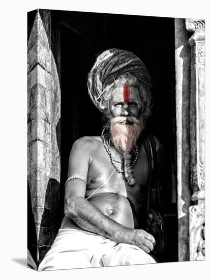 A black and white picture of a sadhu (yogi) at Pashupatinath Temple in Kathmandu, Nepal-David Chang-Stretched Canvas