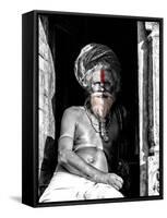 A black and white picture of a sadhu (yogi) at Pashupatinath Temple in Kathmandu, Nepal-David Chang-Framed Stretched Canvas