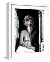 A black and white picture of a sadhu (yogi) at Pashupatinath Temple in Kathmandu, Nepal-David Chang-Framed Photographic Print